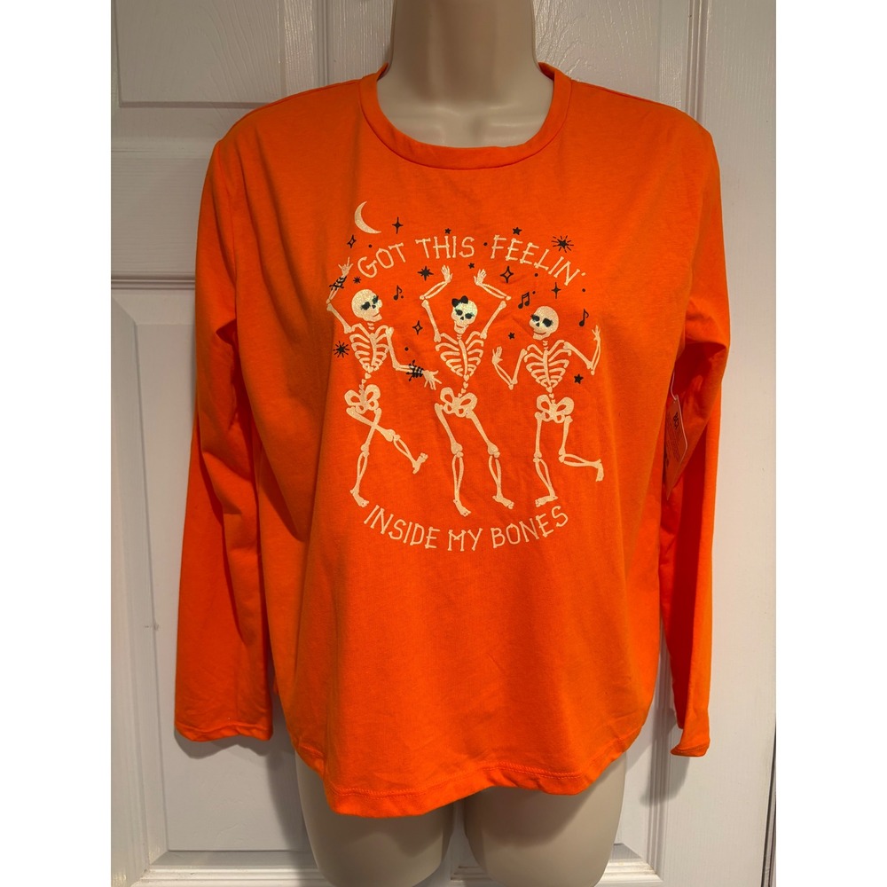 Way To Celebrate Halloween Kids Orange Dancing Skeletons LS Graphic Tee XXL 18